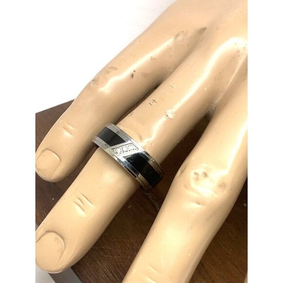 Men's Wedding Band Diamond Black Silver Tungsten Carbide 8mm Ring Size 9.75 - Picture 13 of 14